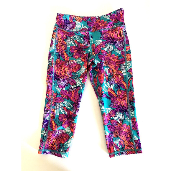Old Navy Girls Crop Capri Legging Floral M 8 Go Dry Purple Active Sport - Picture 2 of 4